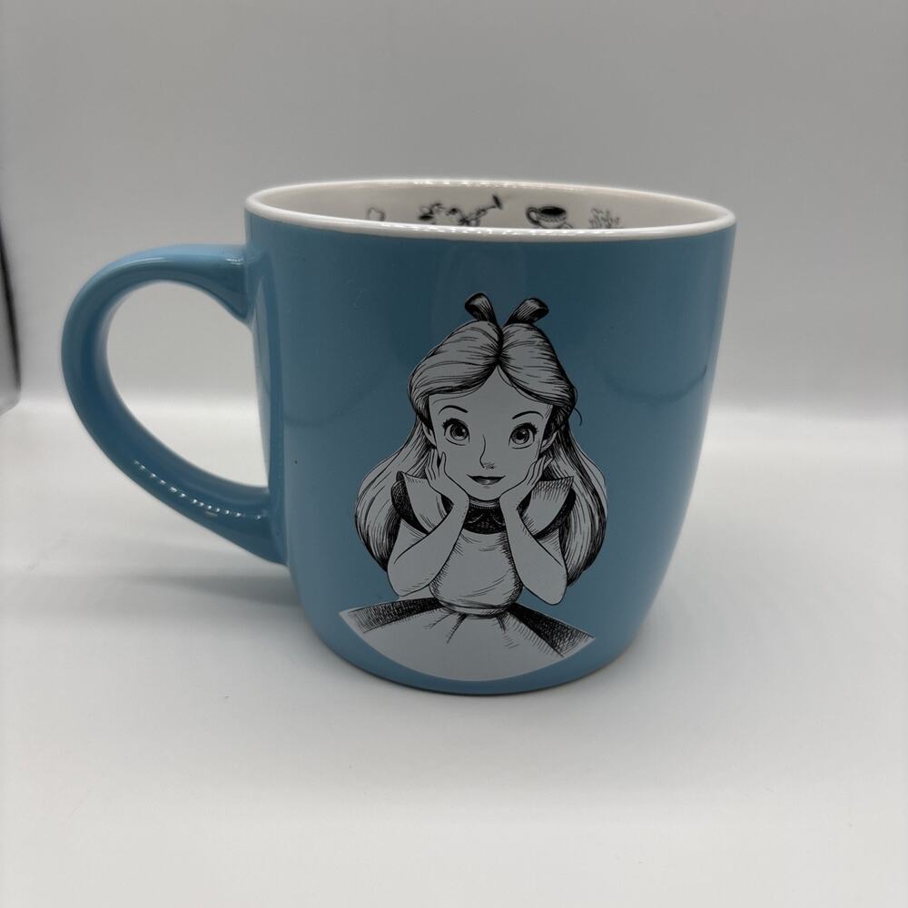 Rare Disney Alice in Wonderland Blue Mug Sketchbook Interior White